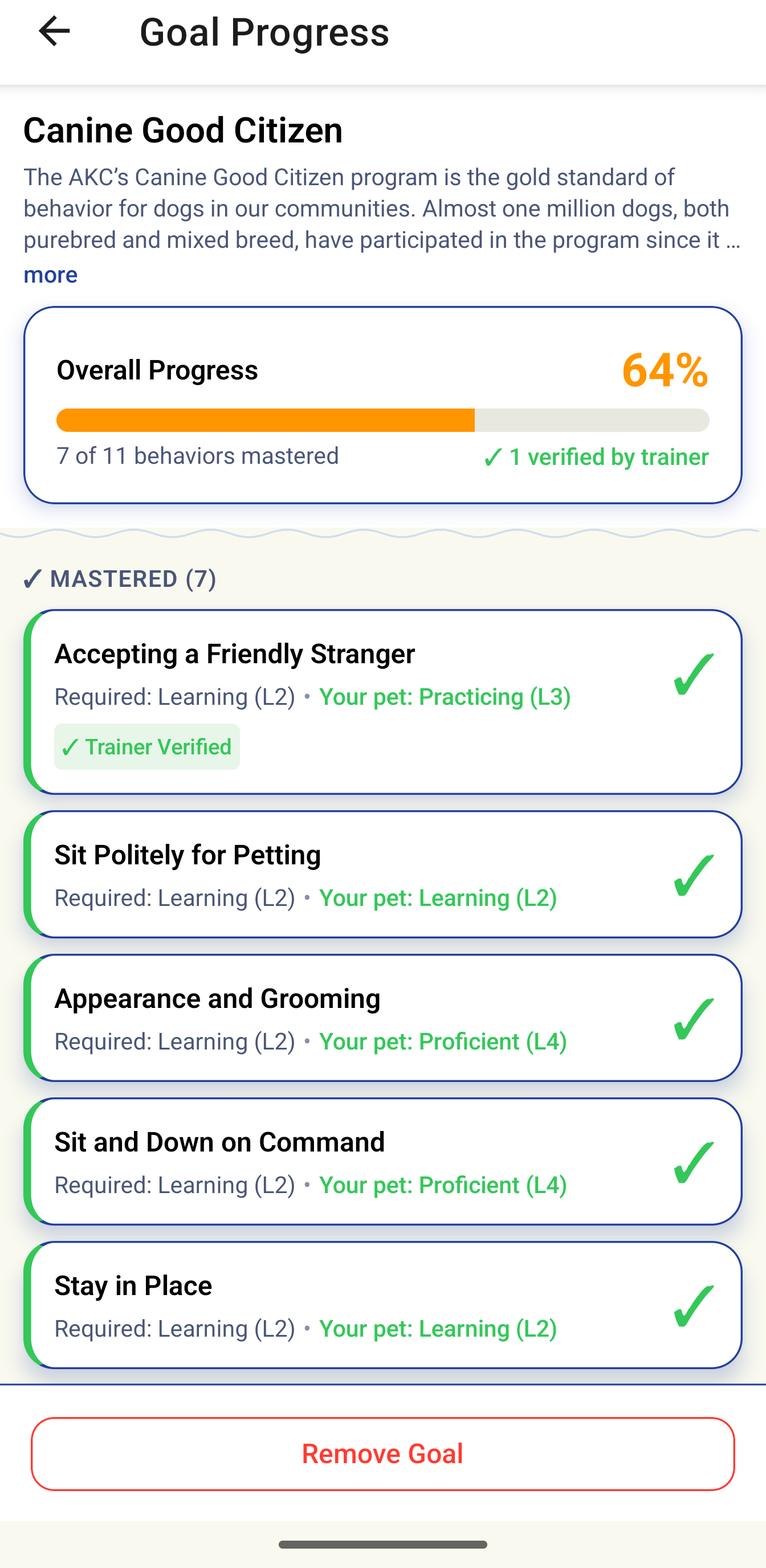Detailed AKC Community Canine progress showing mastered and in-progress behaviors